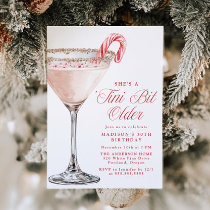 ‘Tini Bit Older Candy Cane Martini Birthday Party Invitation | Canva Template