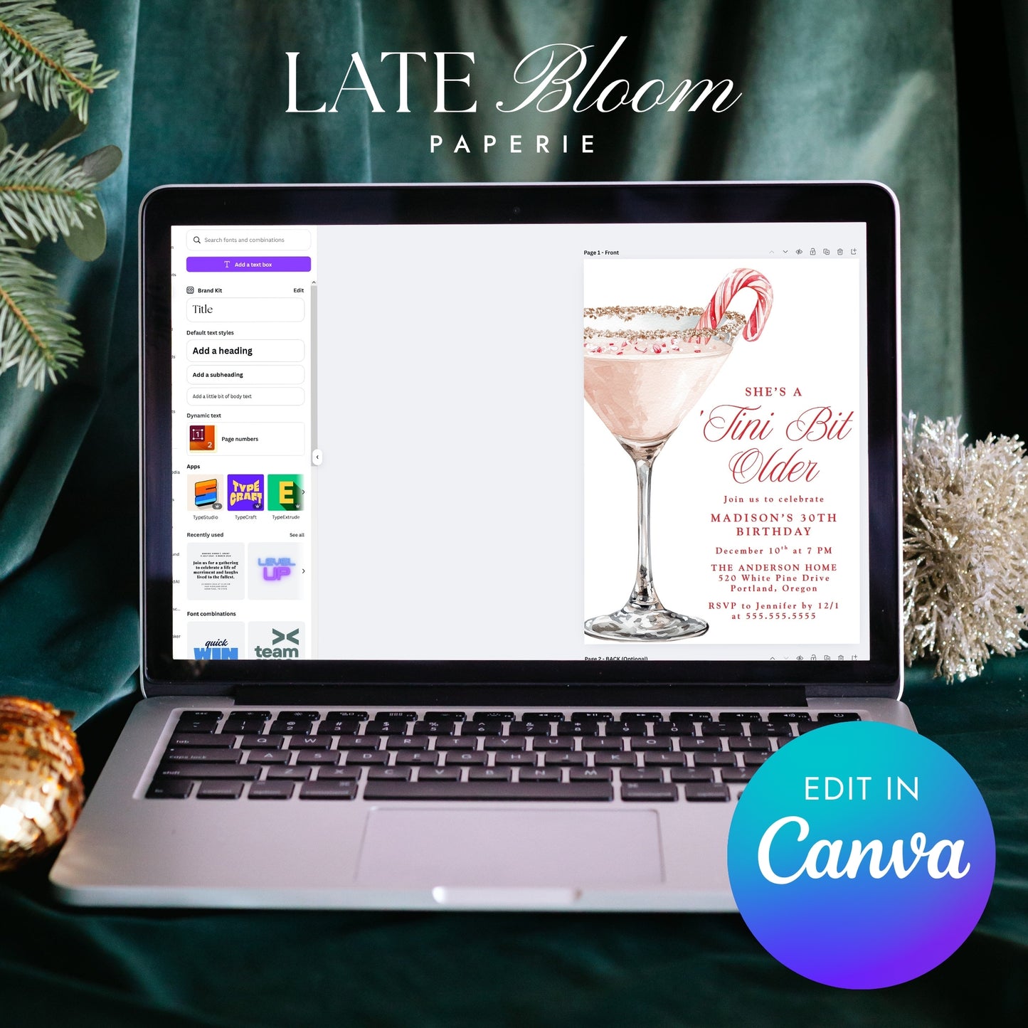 ‘Tini Bit Older Candy Cane Martini Birthday Party Invitation | Canva Template