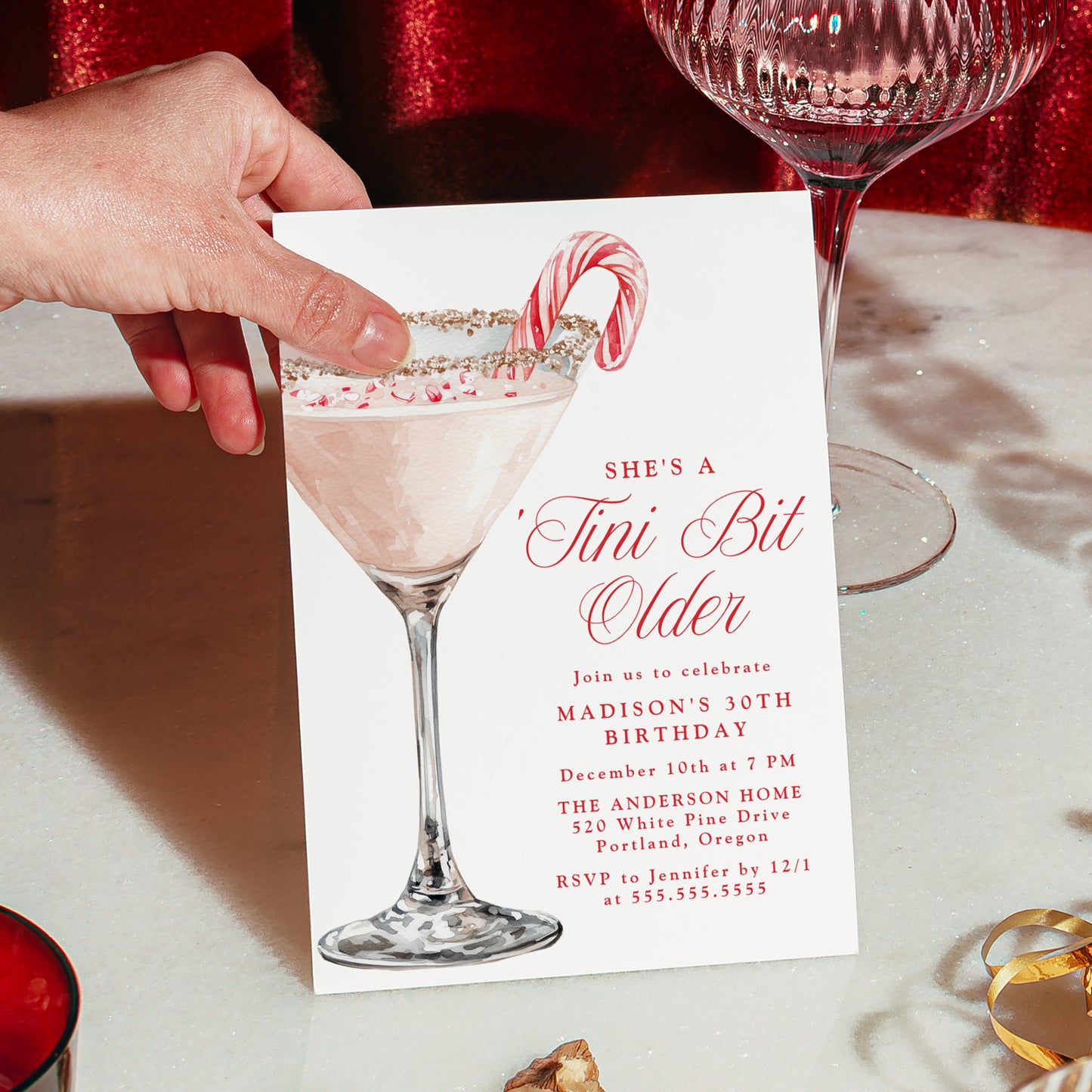 ‘Tini Bit Older Candy Cane Martini Birthday Party Invitation | Canva Template