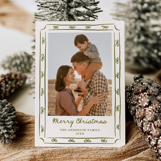 Whimsical Hand-Drawn Green Bow Frame 2 Photo Holiday Card | Corjl Template
