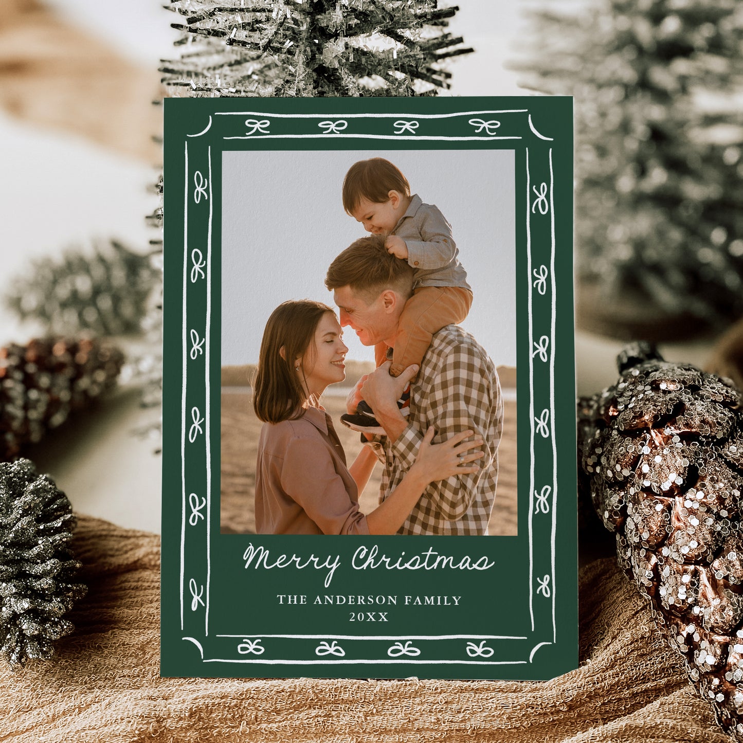 Whimsical Hand-Drawn Bow Frame Green 2 Photo Holiday Card | Corjl Template
