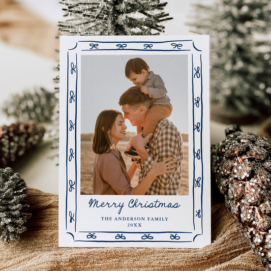 Whimsical Hand-Drawn Navy Bow Frame 2 Photo Holiday Card | Corjl Template