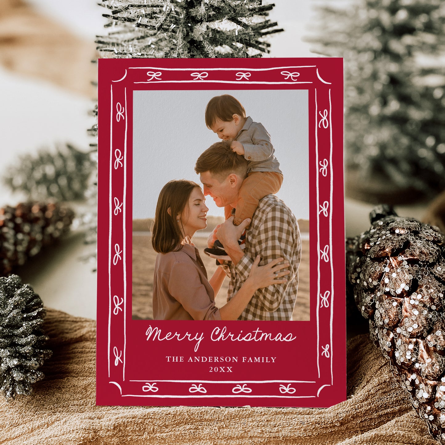 Whimsical Hand-Drawn Bow Frame Red 2 Photo Holiday Card | Corjl Template