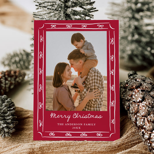 Whimsical Hand-Drawn Bow Frame Red 2 Photo Holiday Card | Corjl Template