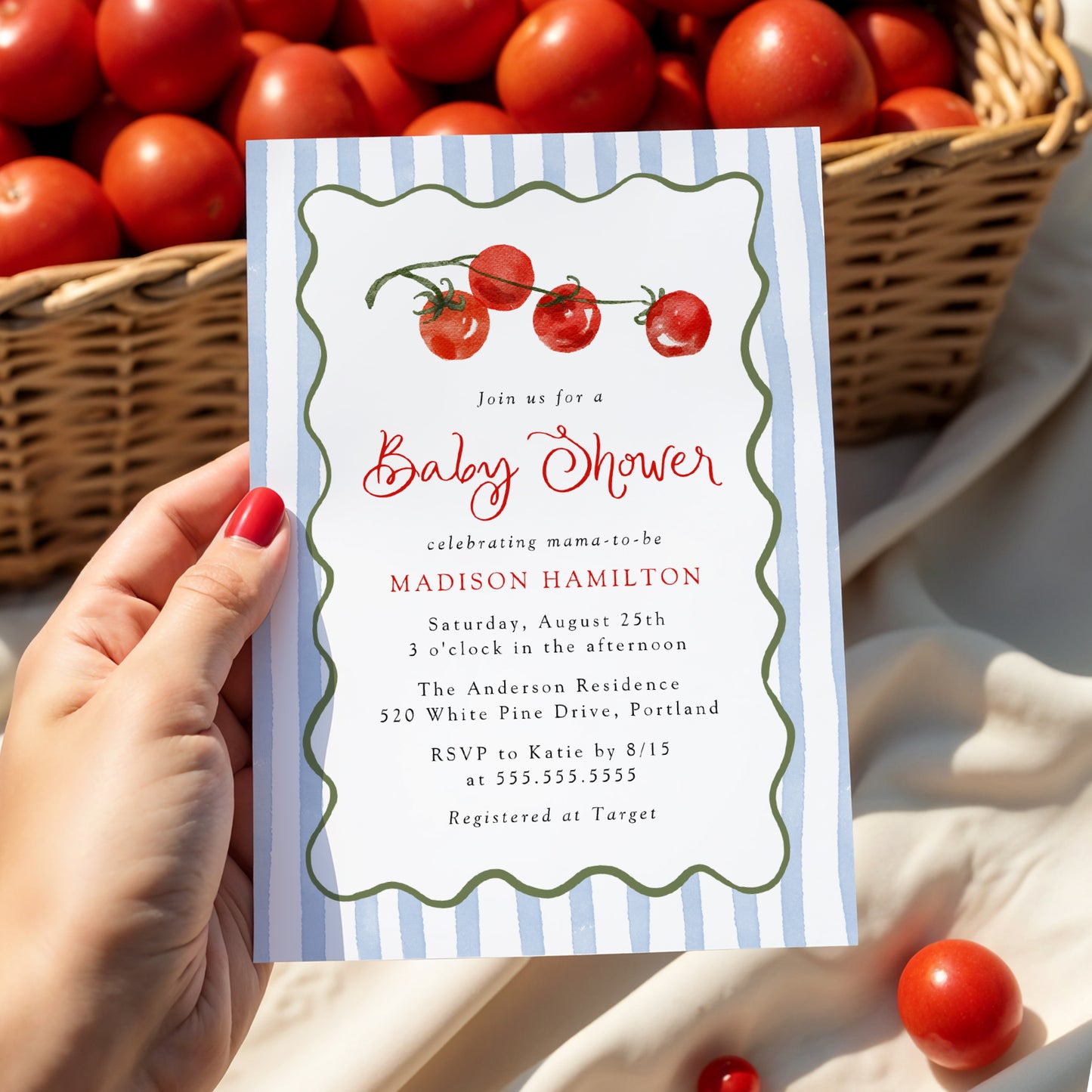 Cute Little Tomato Baby Shower Invitation | Corjl Template