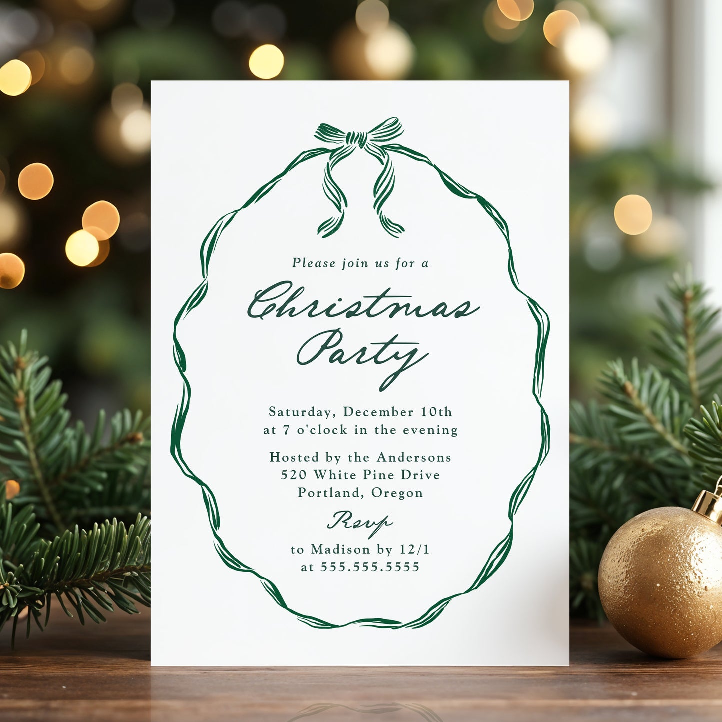Elegant Green Ribbon Frame Christmas Party Invitation | Corjl Template