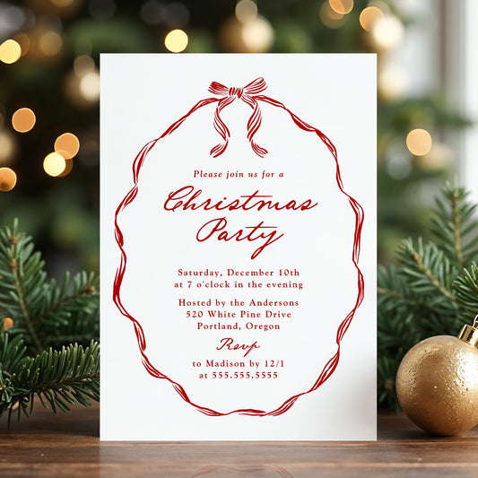 Elegant Red Ribbon Frame Christmas Party Invitation | Corjl Template