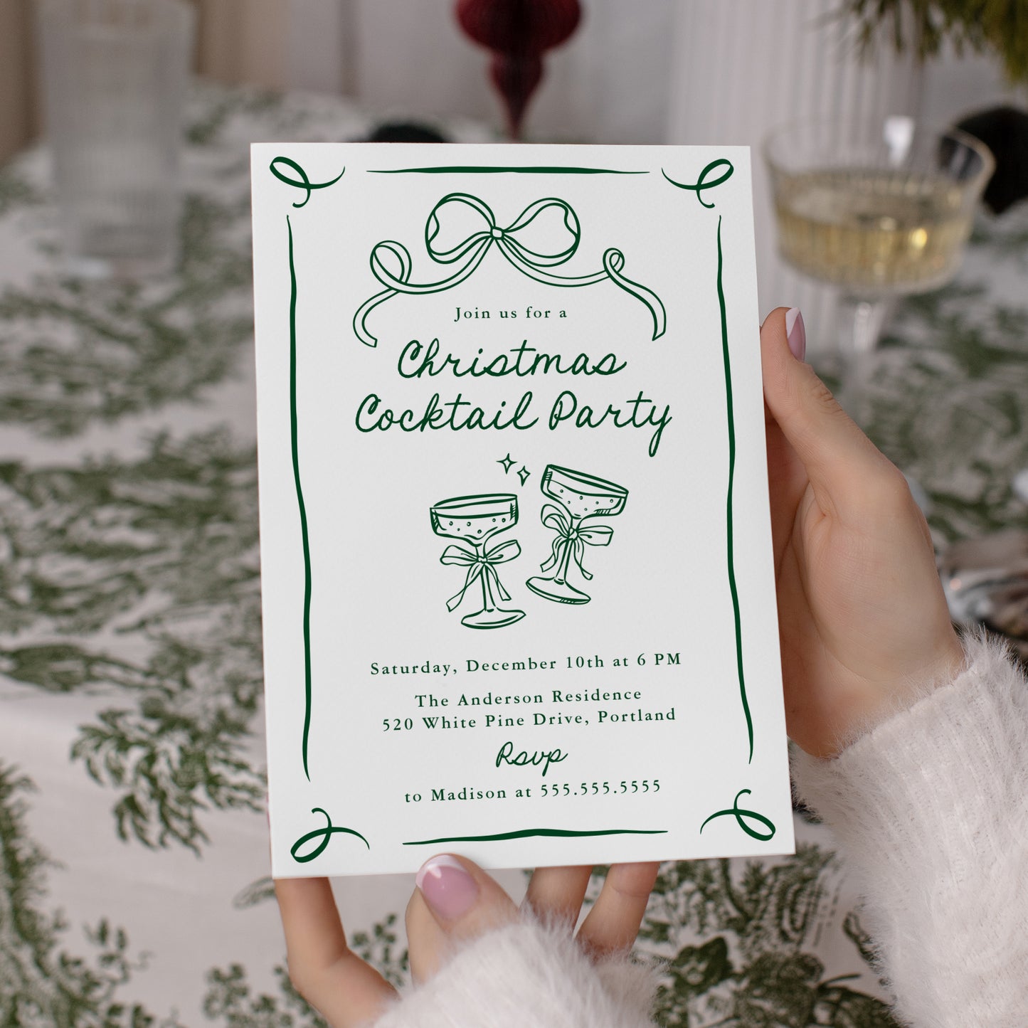 Whimsical Hand-Drawn Green Bow Christmas Cocktail Party Invitation