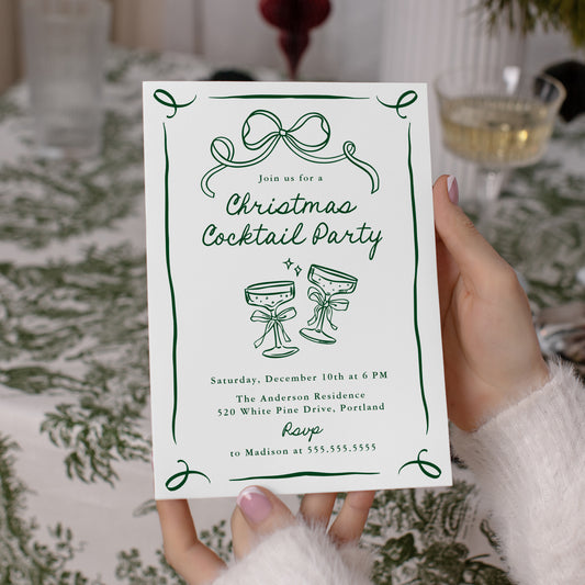 Whimsical Hand-Drawn Green Bow Christmas Cocktail Party Invitation