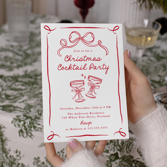 Whimsical Hand-Drawn Red Bow Christmas Cocktail Party Invitation