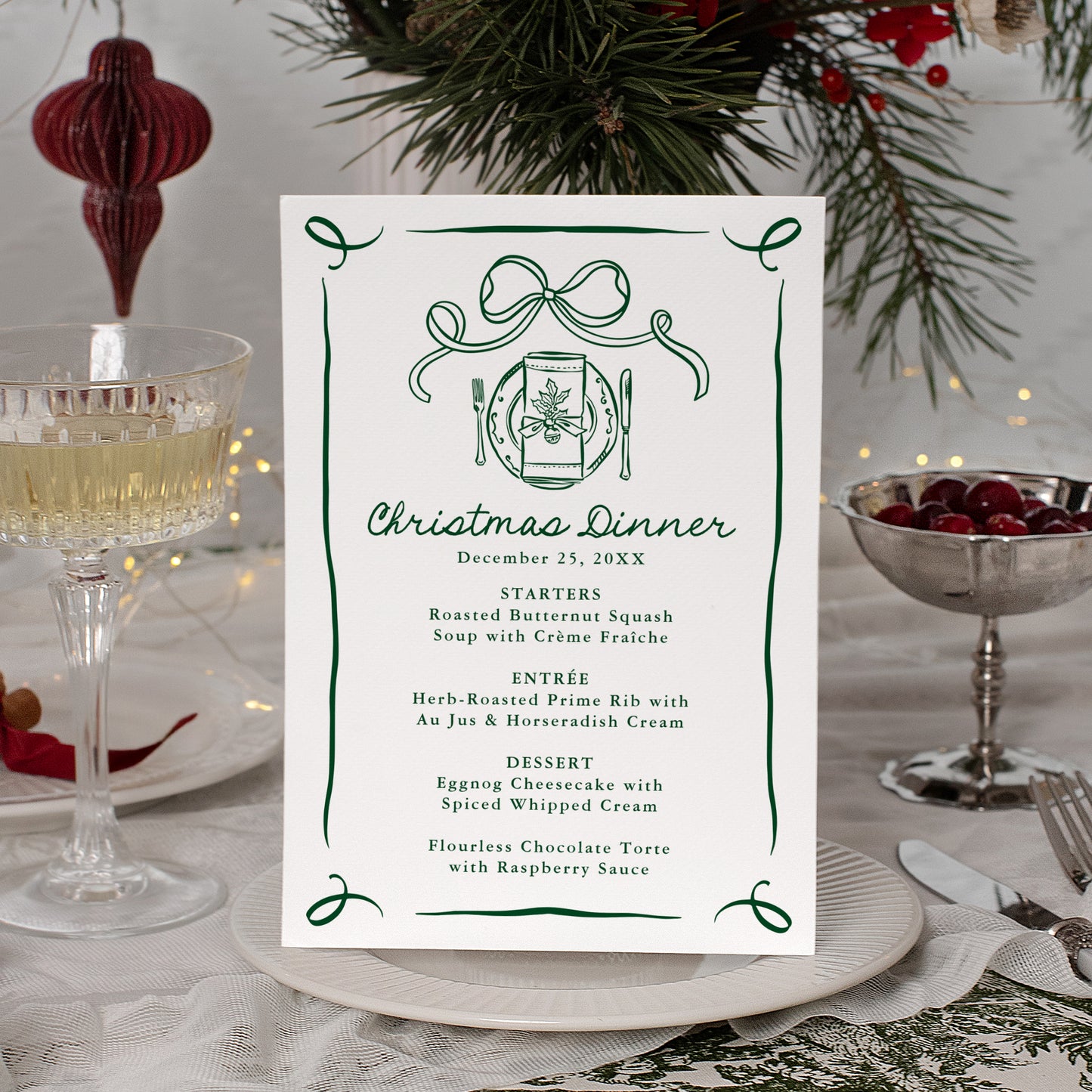 Whimsical Hand-Drawn Green Bow Christmas Dinner Menu