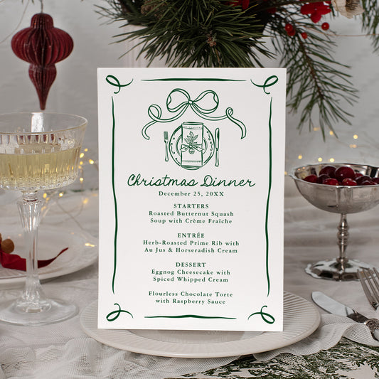 Whimsical Hand-Drawn Green Bow Christmas Dinner Menu
