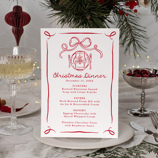 Whimsical Hand-Drawn Green Bow Christmas Dinner Menu