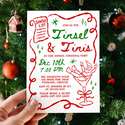 Whimsical Tinsel and Tinis Christmas Party Invitation in Red and Green | Corjl Template