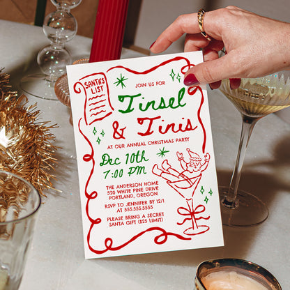 Whimsical Tinsel and Tinis Christmas Party Invitation in Red and Green | Corjl Template