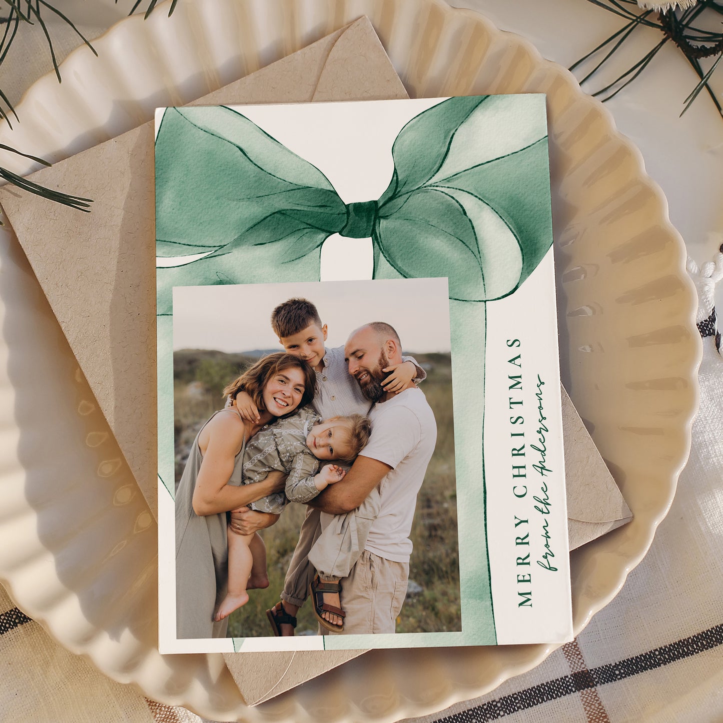 Elegant Green Watercolor Bow 3 Photo Holiday Card | Canva Template