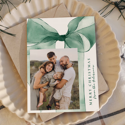 Elegant Green Watercolor Bow 3 Photo Holiday Card | Canva Template