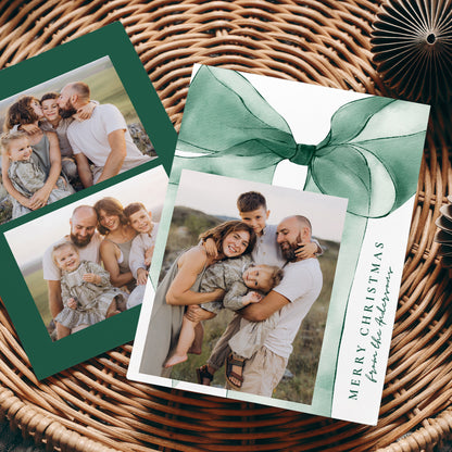 Elegant Green Watercolor Bow 3 Photo Holiday Card | Canva Template