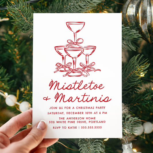 Elegant Mistletoe and Martinis Red Christmas Party Invitation