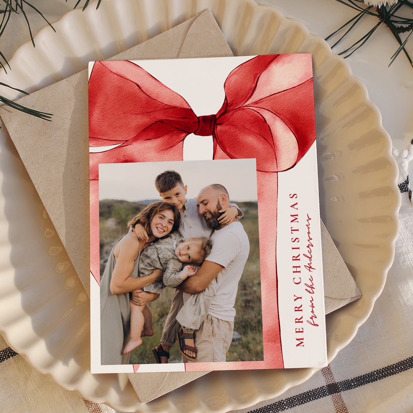 Elegant Red Watercolor Bow 3 Photo Holiday Card | Canva Template