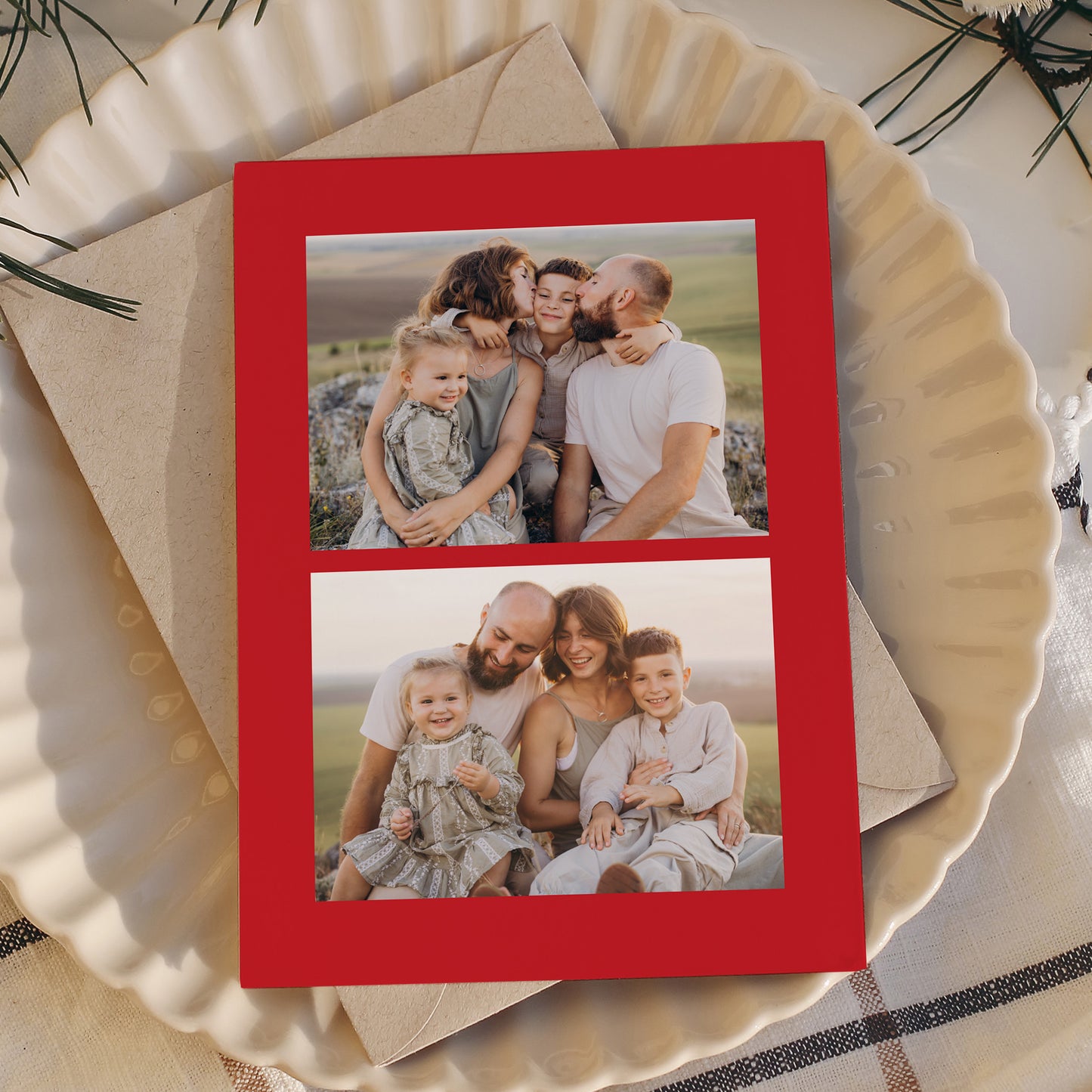 Elegant Red Watercolor Bow 3 Photo Holiday Card | Canva Template