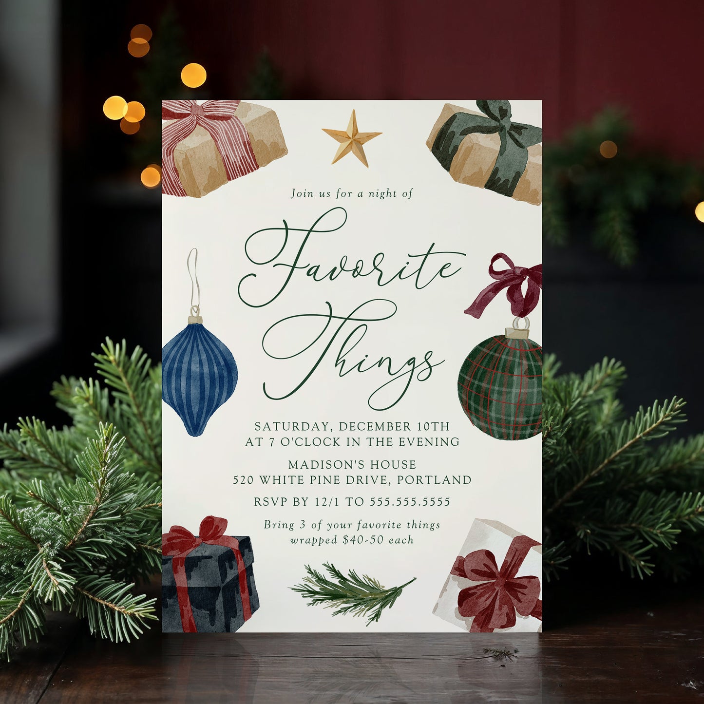 Elegant Watercolor Favorite Things Christmas Party Invitation