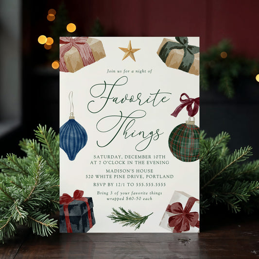 Elegant Watercolor Favorite Things Christmas Party Invitation