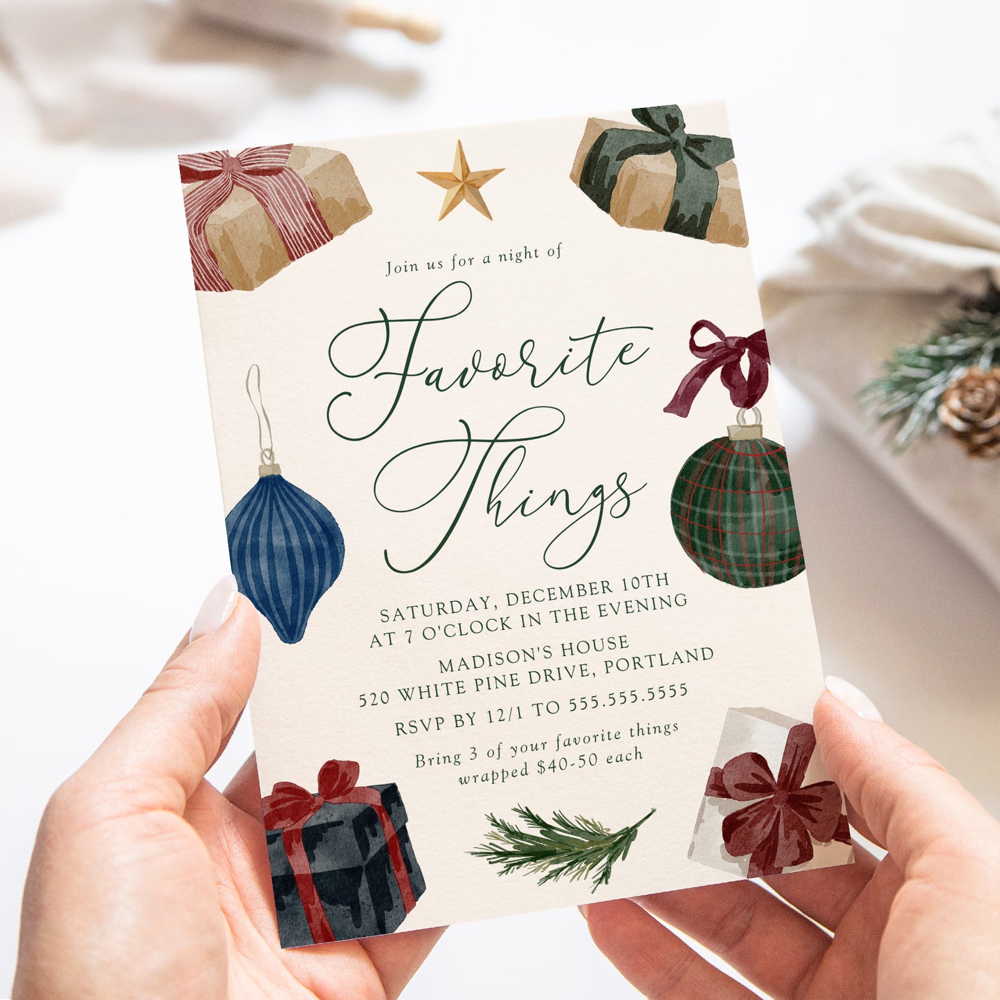 Elegant Watercolor Favorite Things Christmas Party Invitation
