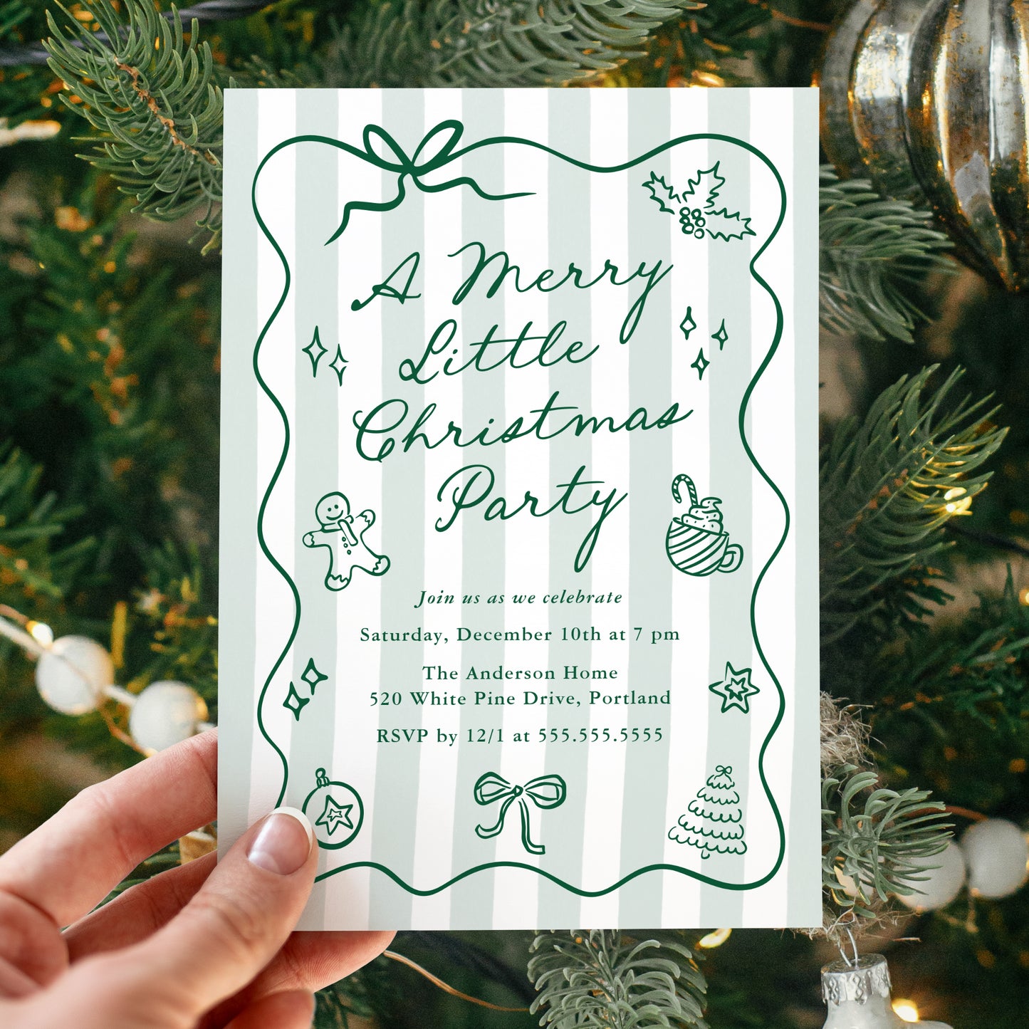 Hand-Drawn Green Merry Little Christmas Party Invitation | Corjl Template
