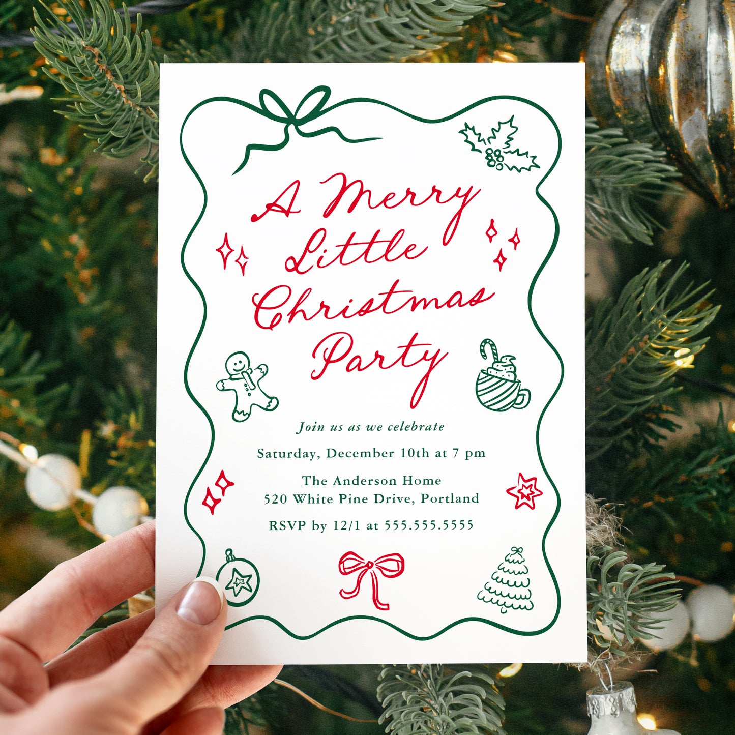 Hand-Drawn Red and Green Merry Little Christmas Invitation | Corjl Template