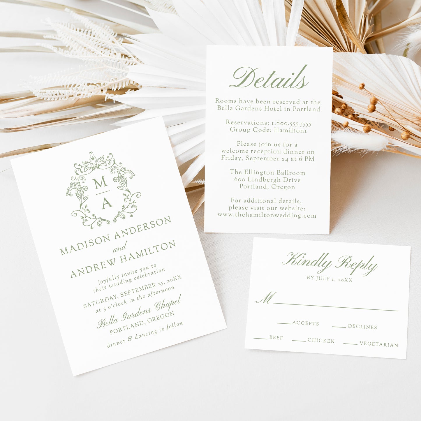 Elegant Green Chinoiserie Wedding Suite | Corjl Template