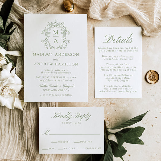 Elegant Green Chinoiserie Wedding Suite | Corjl Template