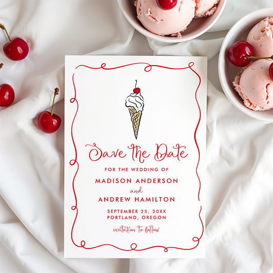 Whimsical Ice Cream Cone Wedding Save The Date Card | Corjl Template