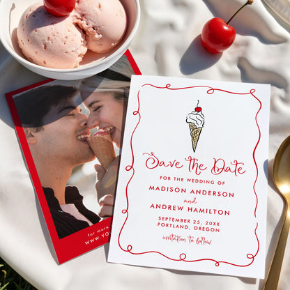 Whimsical Ice Cream Cone Photo Wedding Save the Date | Corjl Template